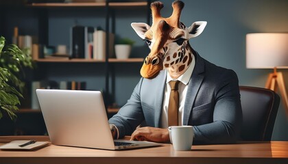 Busy Businessman Transformed into Playful Giraffe, Working Intently on Laptop at Modern Desk amidst...