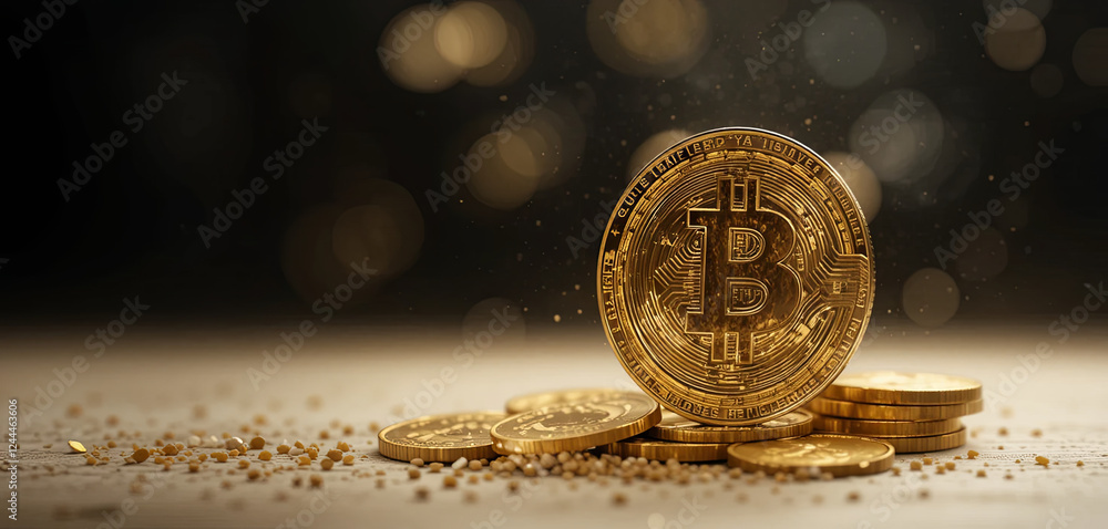 Poster golden coins are stacked on a surface, reflecting soft light and surrounded by shimmering particles.