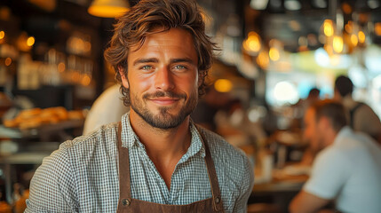 Obraz premium A friendly waiter at the bar, wearing a plaid shirt and an apron