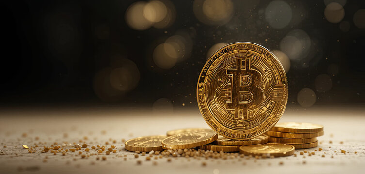 Golden coins are stacked on a surface, reflecting soft light and surrounded by shimmering particles. This scene captures the allure and excitement of cryptocurrency trading