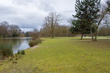 Calm lake surrounded by trees in a serene park during a cloudy day