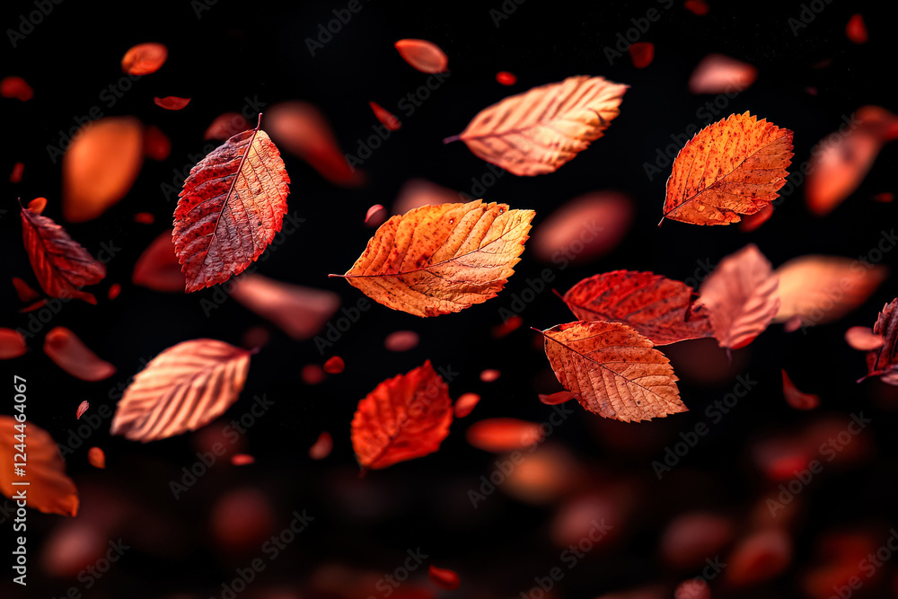 Poster black background with orange leaves falling from the sky. the leaves are scattered all over the back