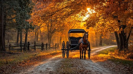 Obraz premium Horse-drawn carriage on autumn road, golden sunlight, peaceful woods, idyllic scene