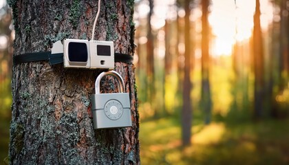 Wildlife Captured Camera Trap Secured on a Summery Forest Tree, Shrouded in the Enchanting Mystery of Natures Hidden World