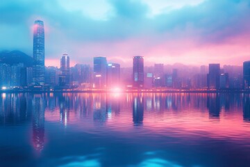 Fototapeta premium Colorful cityscape skyline with modern buildings and river reflection