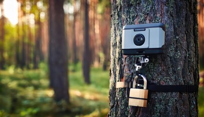 Cameratrapped Moment Lock Secured Tree in Vibrant Summer Forest, Capturing Wildlife Amidst Lush Greenery and Sunlight Filtering Through Canopy