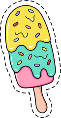 Cartoon popsicle melting with yellow and turquoise glaze, covered with colorful sprinkles and surrounded by a cute dashed border, ideal for summer projects