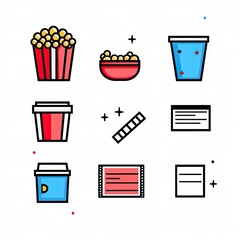 Colorful illustration of snacks and drinks for a movie night, featuring popcorn, cups, and tickets