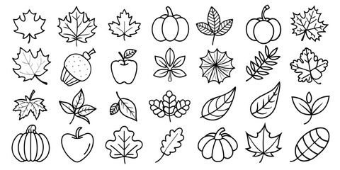Collection of vector silhouettes featuring autumn leaves, pumpkins, and acorns crafted for seasonal design projects Transparent PNG	 stickers, for notebook, diary, cute aesthetic