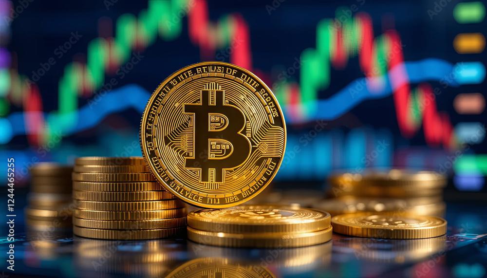 Poster multiple bitcoin coins are stacked on a surface, while a colorful trading chart with upward and down