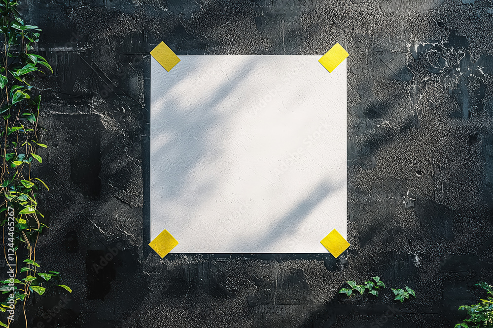 Poster white square with yellow tape on it is on a black wall. the square is empty and has no writing on it