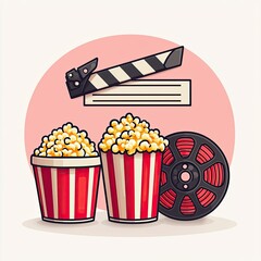 Colorful popcorn buckets and a film reel with a clapperboard on a pink background
