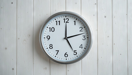 The time as 2:00 PM, hanging on a white wooden wall. The simple design adds a modern touch to the bright interior atmosphere of the room