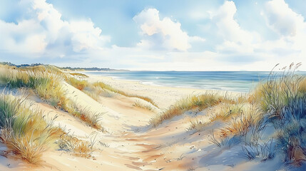 Watercolor depiction of sand dunes and a tranquil beach