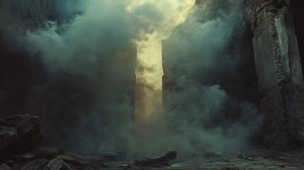 Thick smoke billowing outward, leaving a central open space--ideal for a spooky Halloween background or eerie fog effect