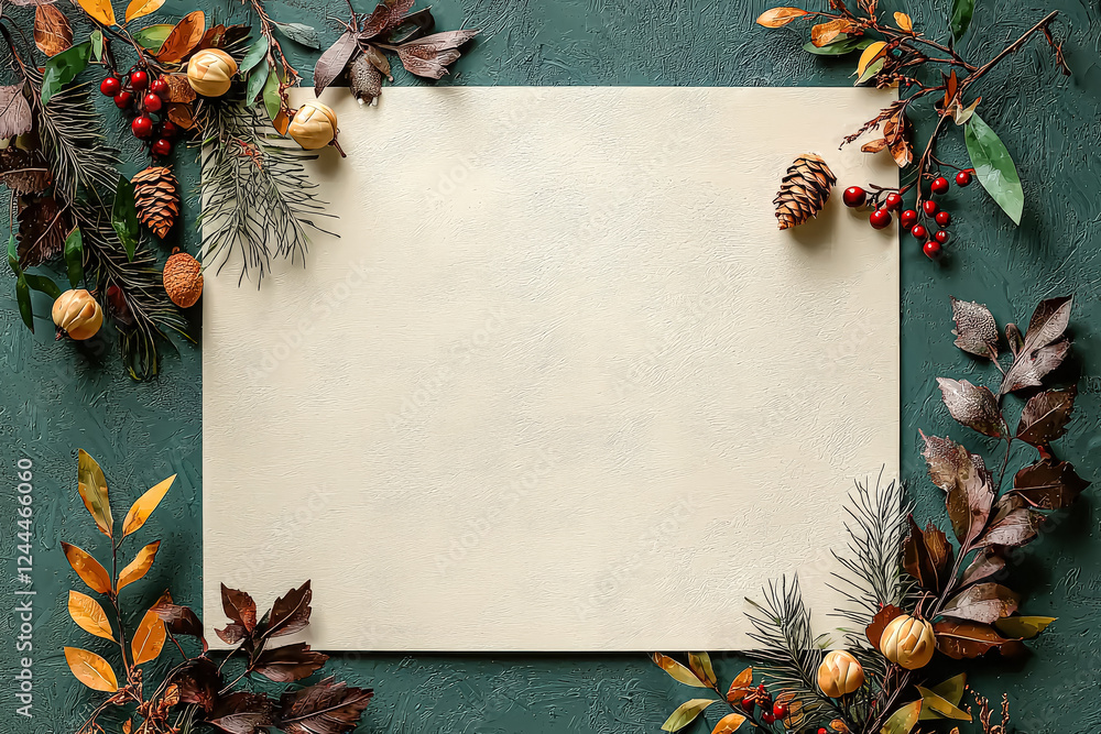 Poster white sheet of paper with a green background and a bunch of leaves and nuts on it. the background is