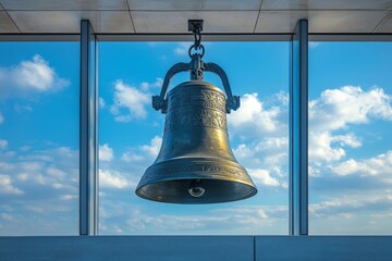 Large bell hanging in front of a bright blue sky