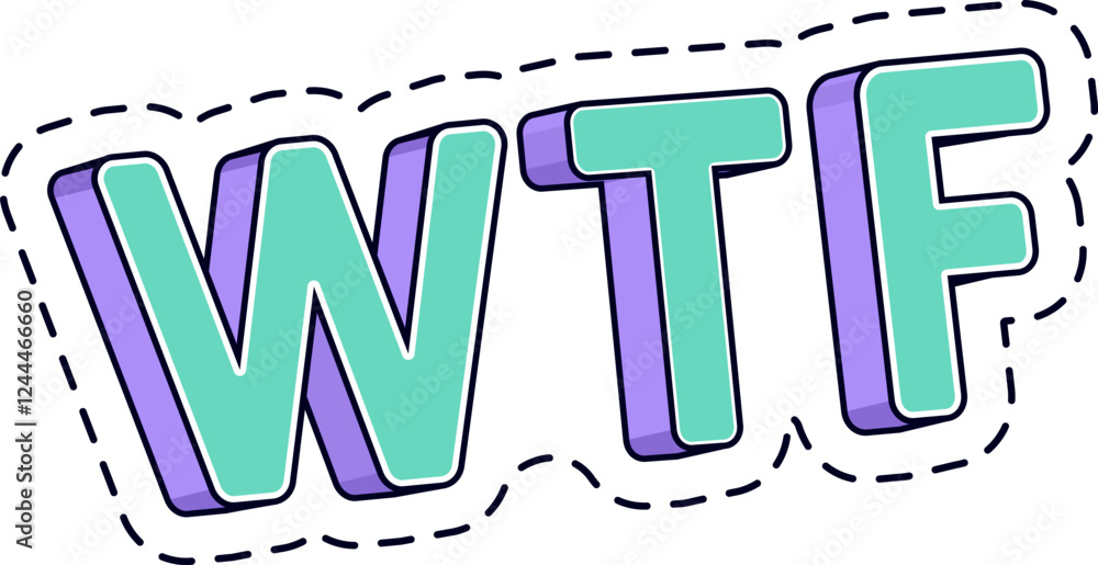 Poster turquoise and purple wtf acronym with a 3d effect and a dashed outline expressing confusion and disb