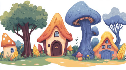 Fairytale gnome and elf house buildings stickers pack set, fairy forest village vector background. Cartoon cute gnome tree houses, mushroom, carrot, corn and snail shell home buildings stickers set