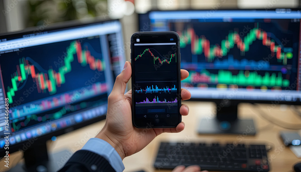 Poster a person holds a smartphone displaying market data while two computer monitors show various stock ch