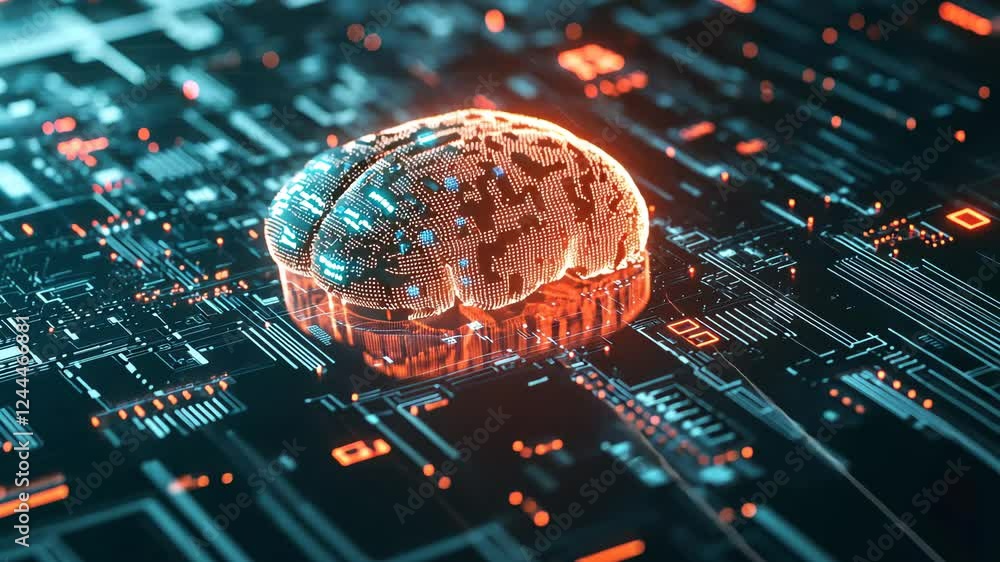 Poster digital sphere pulsating on circuit board with futuristic lighting effects