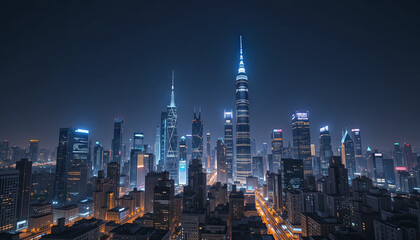 Towering skyscrapers reach towards the night sky, their lights reflecting the vibrancy of the city below. Streets pulse with life as urban architecture creates a stunning skyline