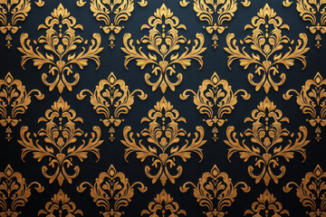 Classic baroque pattern with gold flourishes on black fabric texture