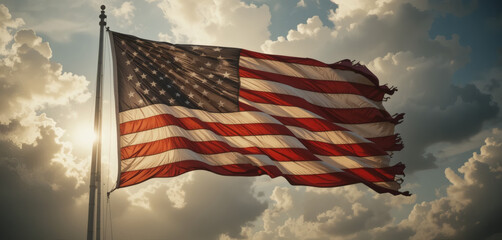 Cinematic American Flag Flying in Orange Sky – Majestic USA Flag, Waving Stars and Stripes, Dramatic Sunset Background, Patriotic Symbol, Golden Hour Glow, and Epic Cinematic Flag Photography
