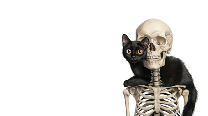 Skeleton and Black Cat with Bright Eyes