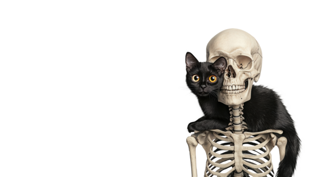 Skeleton and Black Cat with Bright Eyes