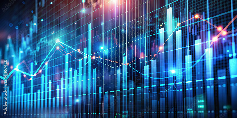 Poster Bright, colorful graphs display fluctuations in financial data against a dark background. The design features intricate lines and bar graphs, suggesting market activity and analysis