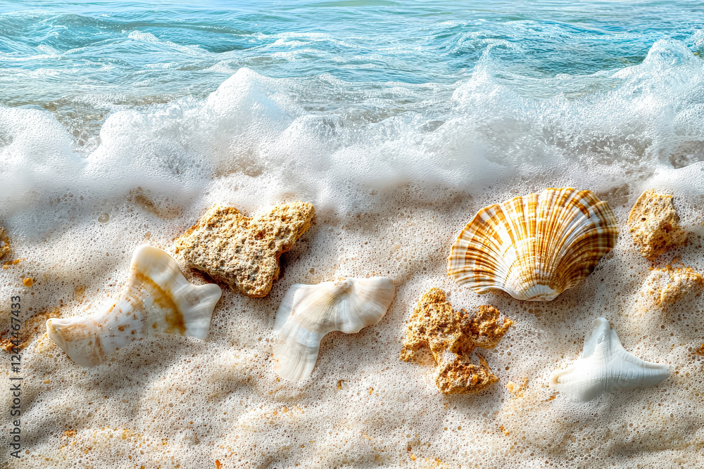 Poster beach scene with shells and rocks on the sand. the shells are scattered around the rocks, creating a