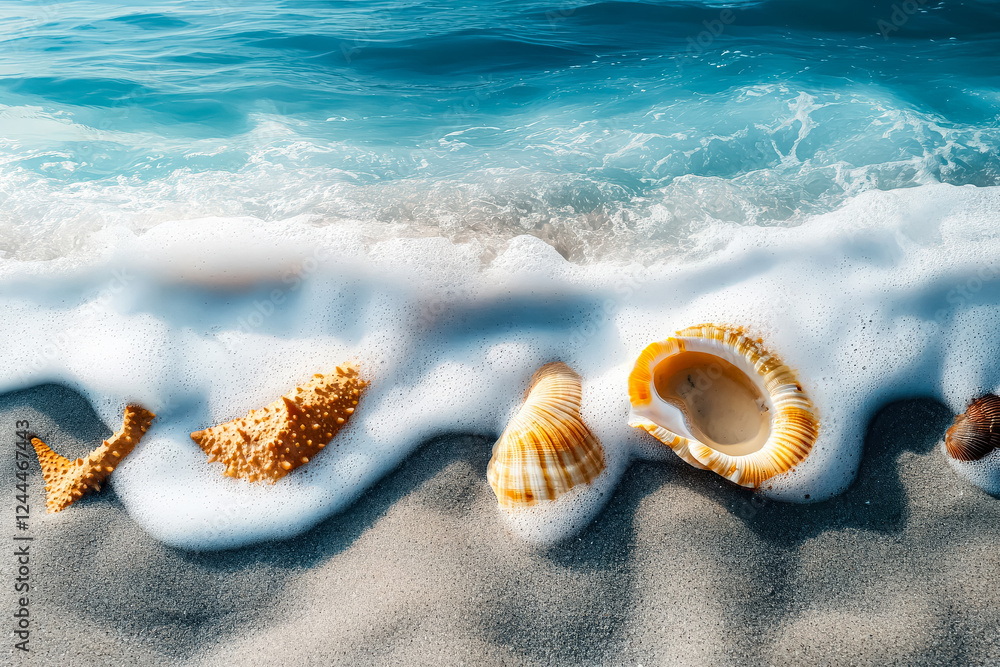 Poster beach scene with shells and foam. the shells are scattered across the sand, and the foam is in the w