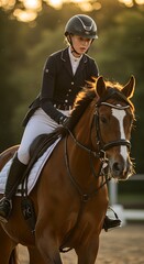 Fototapeta premium Young woman in professional equestrian outfit riding brown horse during sunset dressage training. Competitive horseback riding sport in classical English style with golden backlight