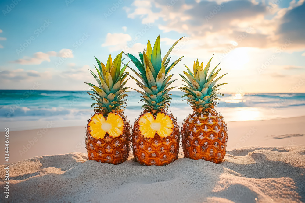 Poster three pineapples are sitting on the sand with a yellow slice in the middle. the scene is set on a be