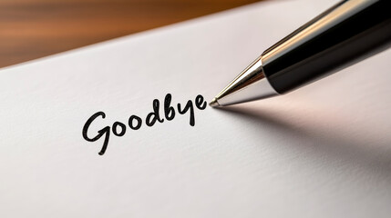 A sheet with the inscription "Goodbye" and a pen. A modern note with the word "Goodbye".