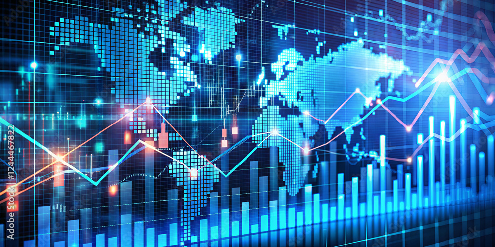 Poster a digital representation of a world map overlays vibrant graphs reflecting market trends in real tim