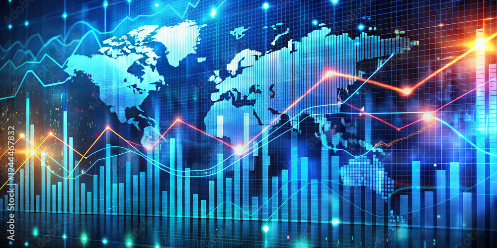 Poster dynamic financial data is displayed over a world map, highlighting trends and statistics in global m