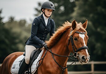 Obraz premium Young woman equestrian in professional riding outfit on chestnut horse during dressage training. Female rider wearing black jacket and helmet at competitive equine sport event in outdoor arena