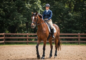 Woman rider in blue jacket and beige breeches practicing dressage on brown horse in outdoor sandy arena. Professional equestrian sport training showing formal horseback riding attire and equipment