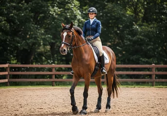 Fototapete Woman rider in blue jacket and beige breeches practicing dressage on brown horse in outdoor sandy arena. Professional equestrian sport training showing formal horseback riding attire and equipment © dreamdes