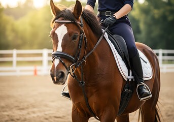 Woman riding brown horse at equestrian arena during sunset training. Professional dressage sport practice