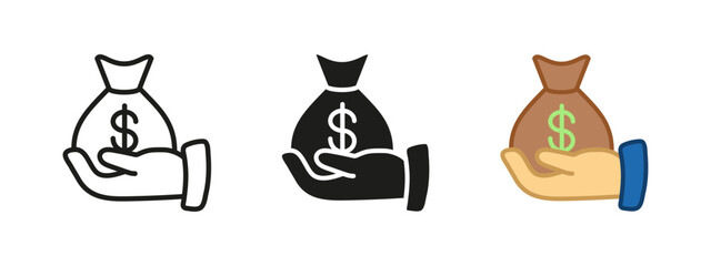Hand holding a money bag with dollar icon. Leasing and corruption symbol. Businessman salary or earnings sign. Banking loan and investment vector illustration. Money sack with human hand pictogram.