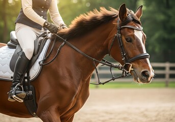 Obraz premium Professional woman rider in beige outfit on brown horse during dressage training at equestrian arena. Sport and competitive horseback riding concept