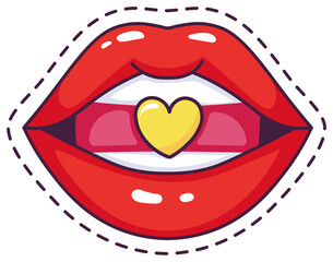 Cartoon illustration of red lips holding a yellow heart shaped candy between teeth, representing love, affection, valentine s day, romantic feelings, and passion