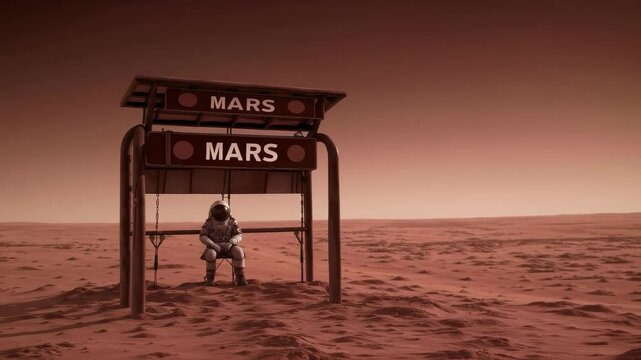 Lonely explorer confronts alien twilight. Stranded astronaut rests beneath rusted shelter while dust storm approaches Phobos colony outpost. Stationary wide angle.