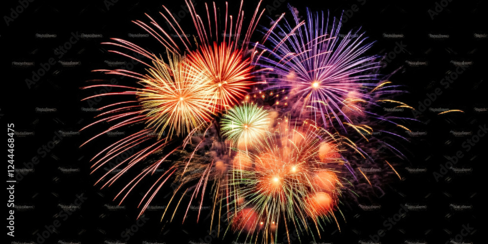 Poster fireworks display with a black background. the fireworks are in various colors and are lit up. scene