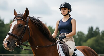 Young asian woman in professional equestrian outfit riding brown horse outdoors. Female jockey during horseback riding training. Sport and leisure activity concept