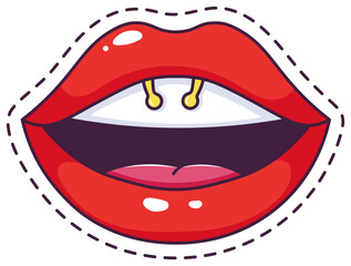 Cartoon illustration of red female lips with a smiley piercing showing white teeth and pink tongue, isolated on white background with dashed outline