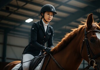 Young Asian woman equestrian in professional black riding outfit on brown horse during indoor dressage training. Professional female jockey in helmet at indoor arena. Sports and competition concept